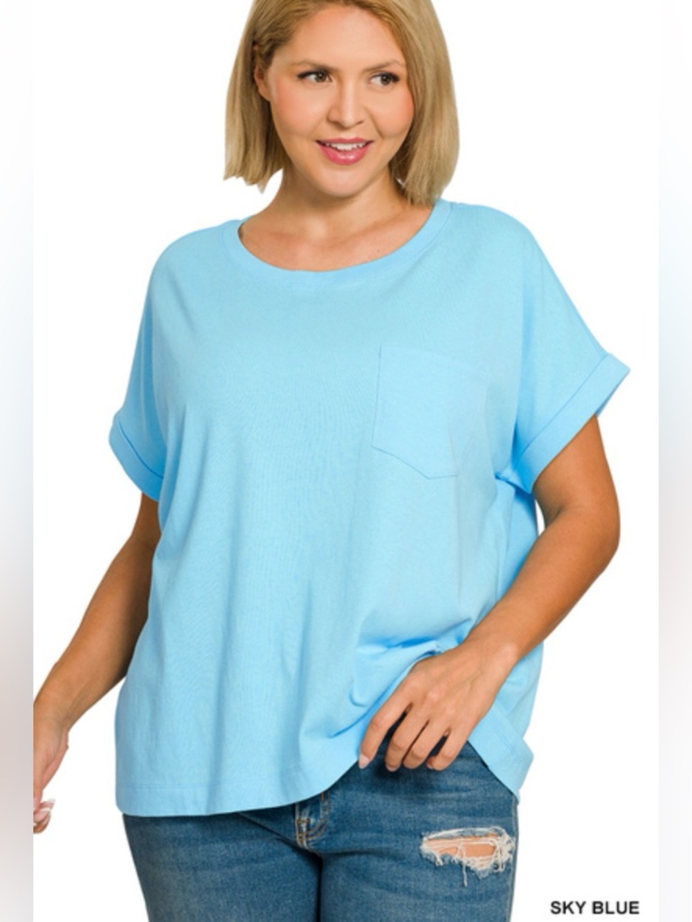 Zenana Outfitters Sky Blue Short Sleeve Pocket Tee